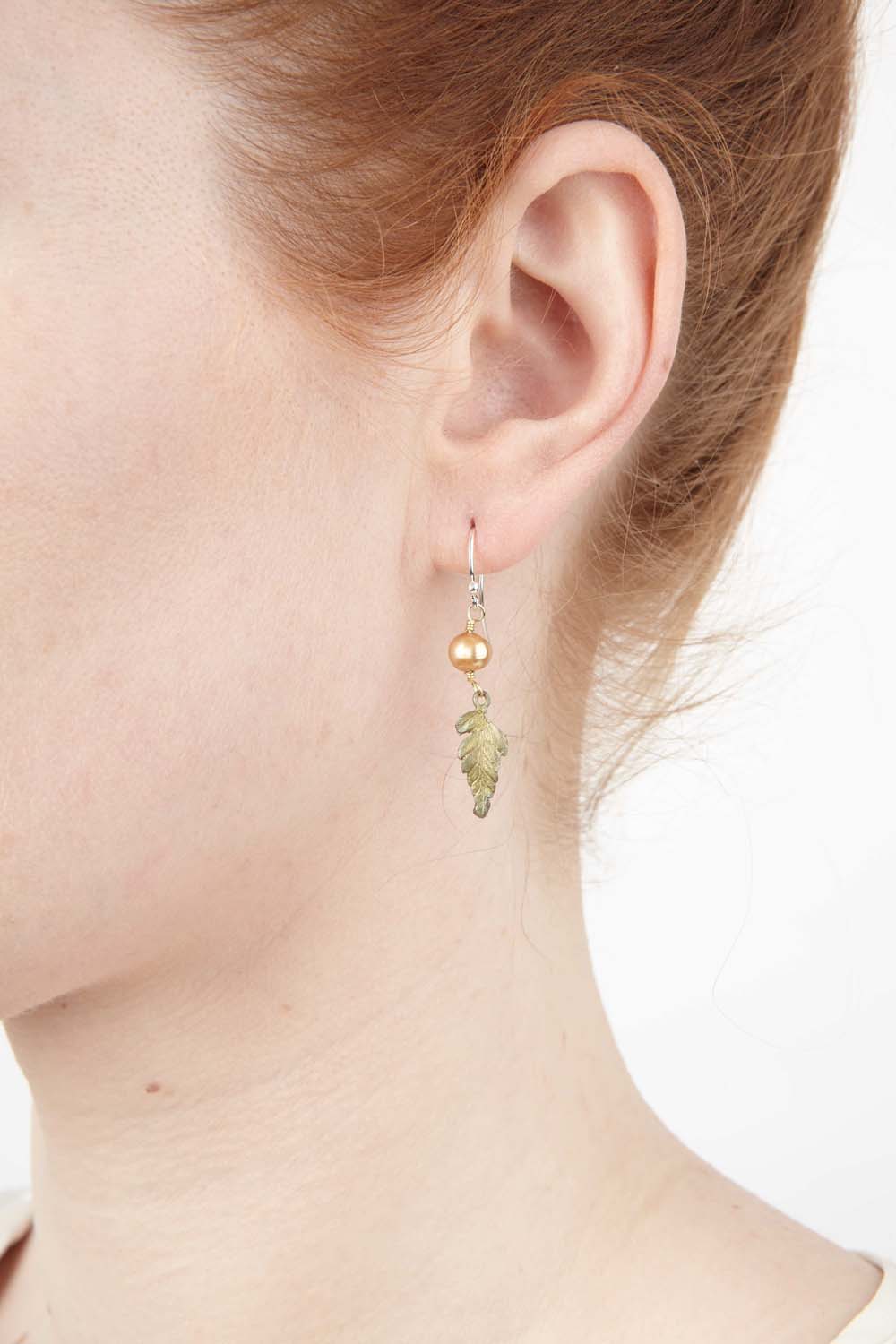 Fern Earrings - Small Single Leaf with Pearl