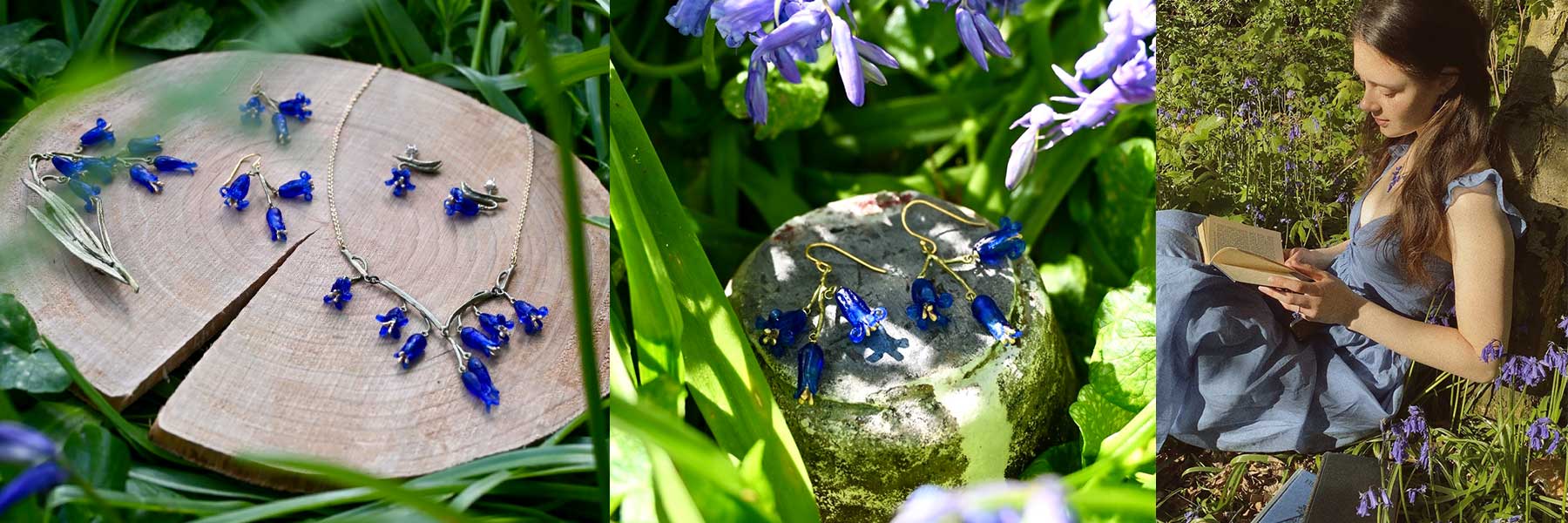 A collage of three images showing the bluebell jewellery in a woodland setting