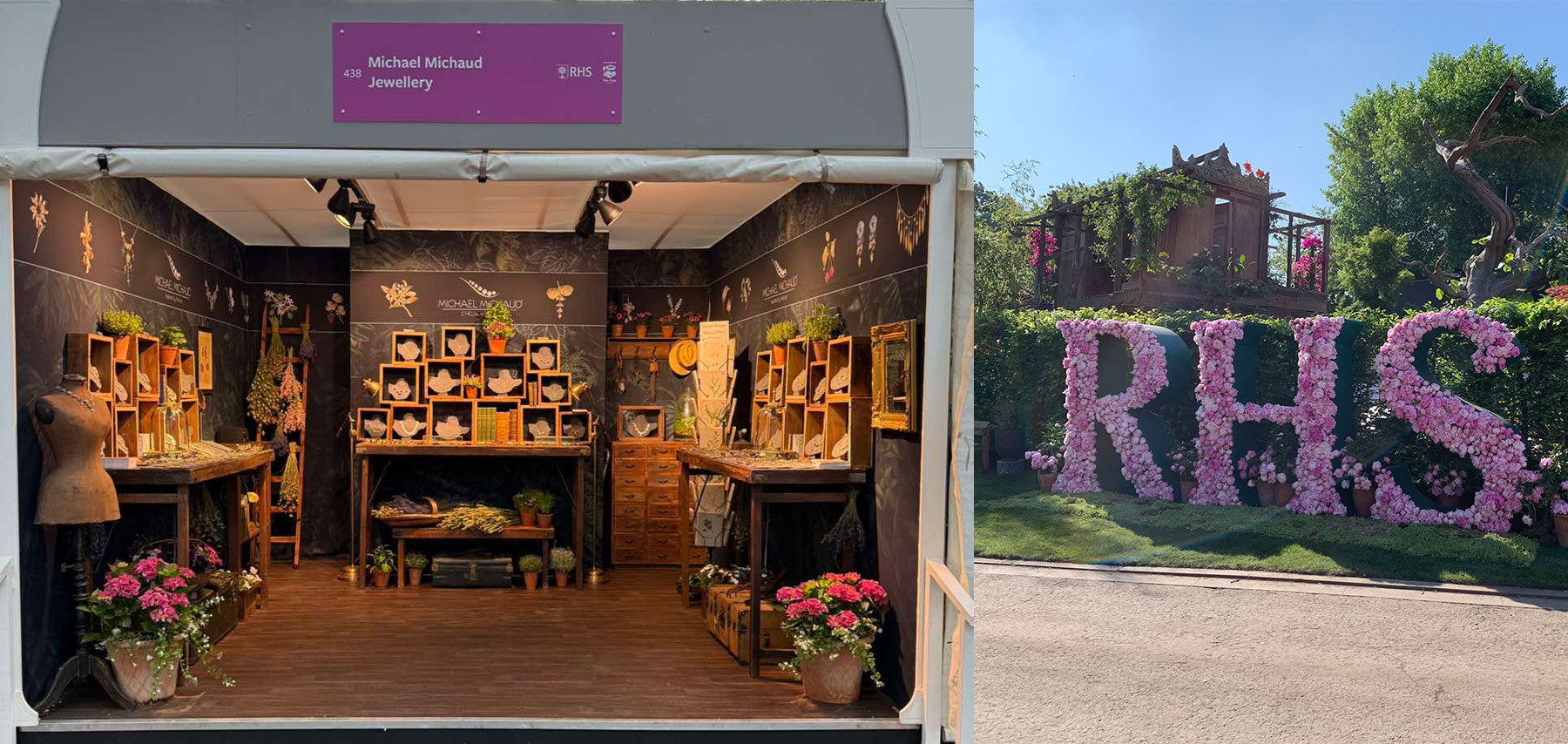 Stall at a garden show with 'RHS' branding and floral decorations.