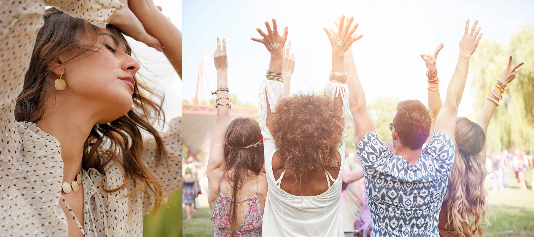 A split lifestyle image showing a woman in a white boho-style patterned top and straw hat in close-up, and a group of people from behind with raised hands at an outdoor festival in bright sunlight.
