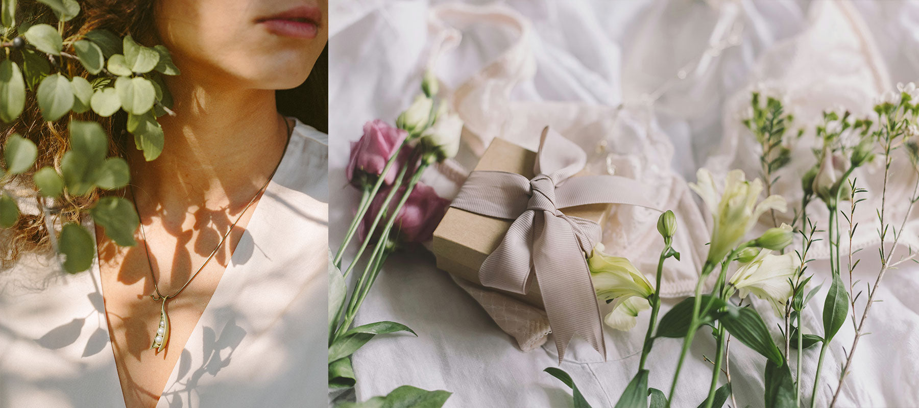 Close-up of a necklace with greenery and a gift box with flowers on a white fabric background.