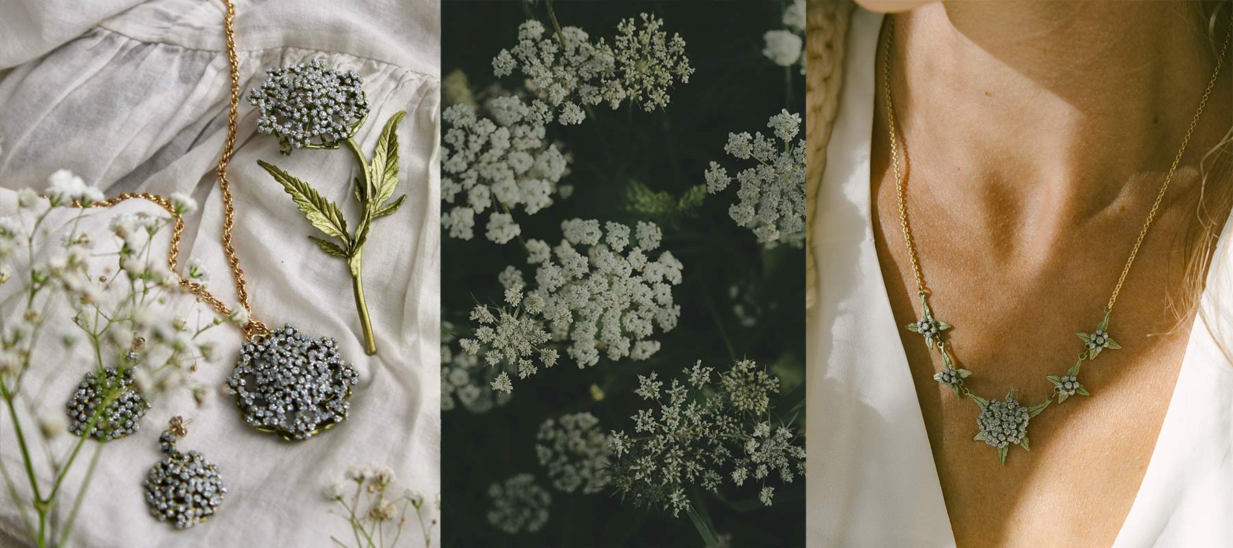 Necklace with floral pendant on a background of flowers and fabric