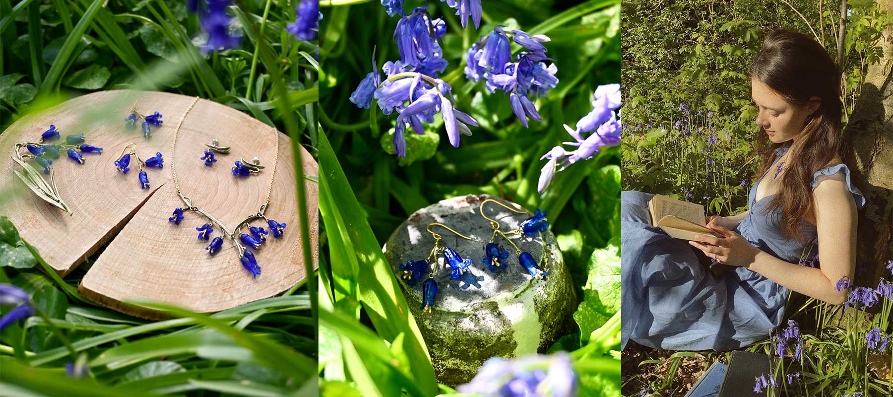 Collage of three photographs featuring the bluebell pieces set amongst flowering bluebells