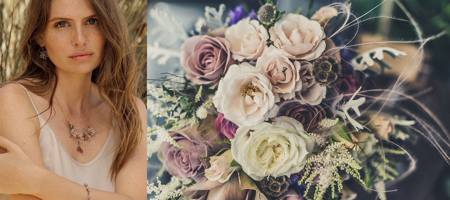 Woman with a necklace and a close-up of a bouquet of flowers