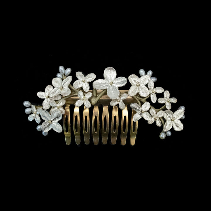 White Hydrangea Hair Comb (Gold Tone)