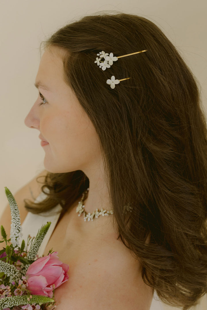 White Hydrangea Hair Pin - Cluster (Gold Tone)