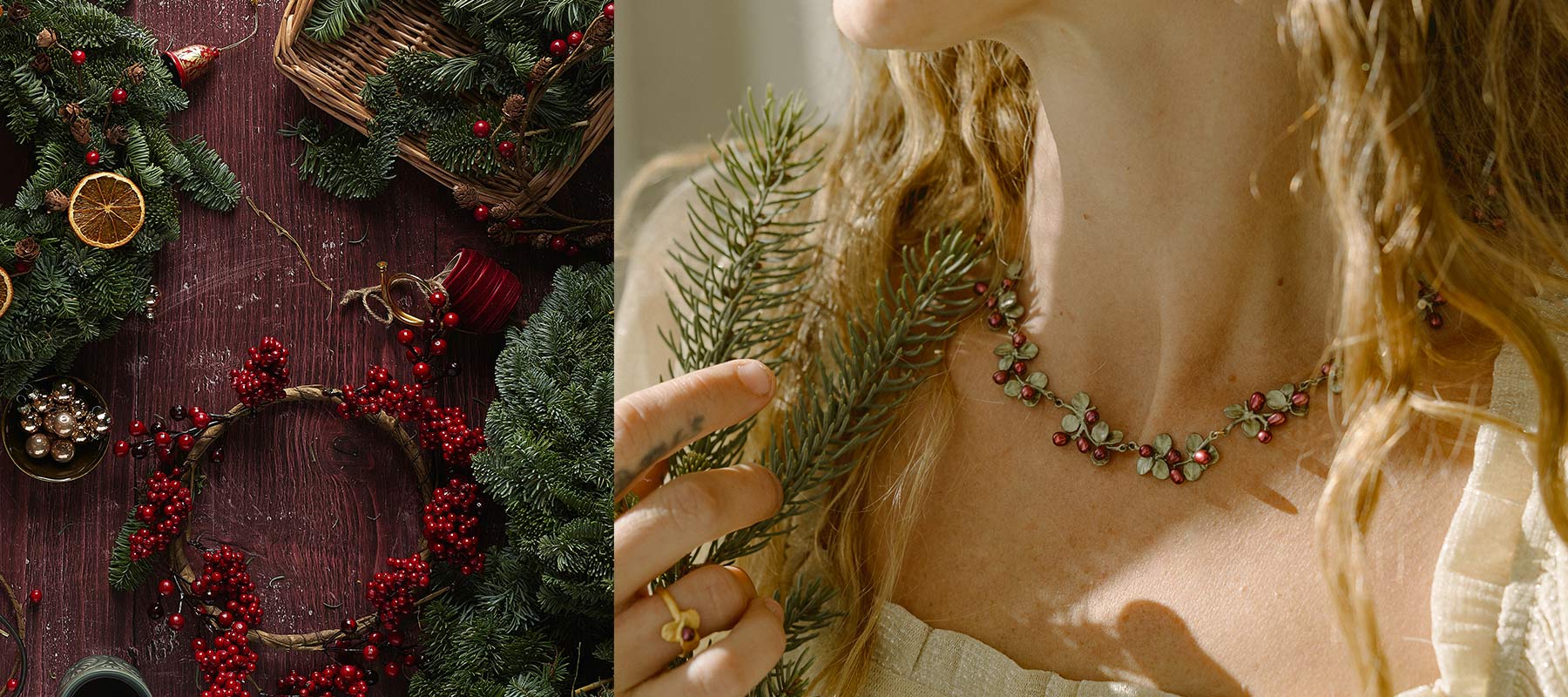 Christmas wreaths with red berries and gold accents on a dark surface, next to a close-up of a woman wearing a necklace.