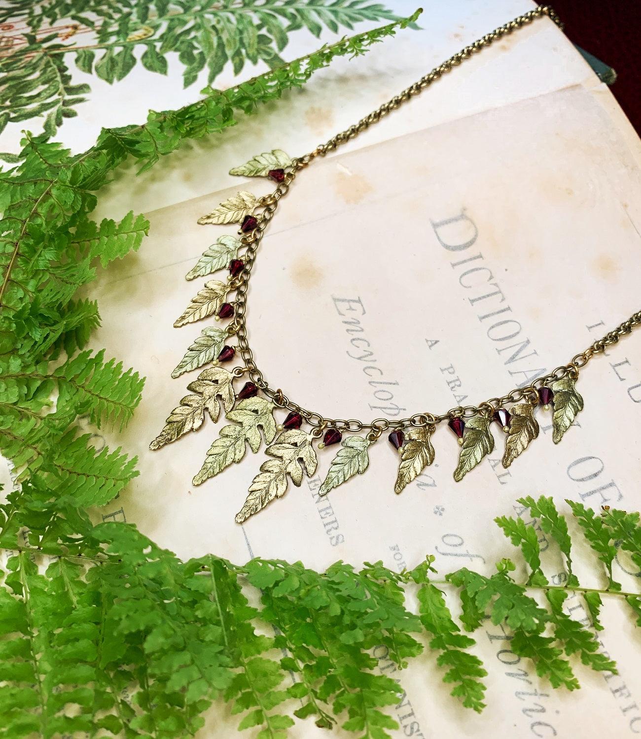 Fern Necklace - Multi Leaf with Garnets - Michael Michaud Jewellery