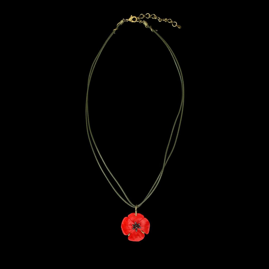 Red Poppy Pendant - Leather Cord - Michael Michaud Jewellery