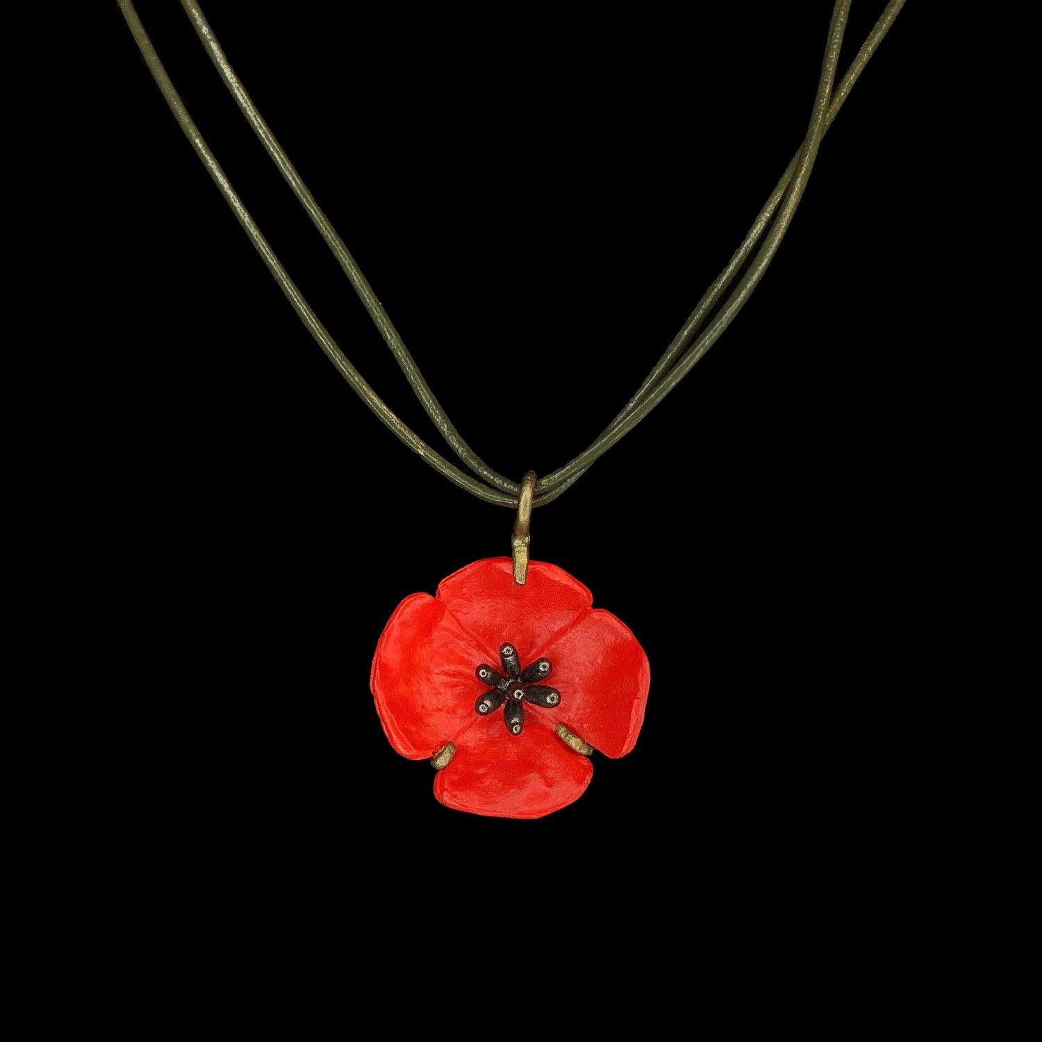 Red Poppy Pendant - Leather Cord - Michael Michaud Jewellery
