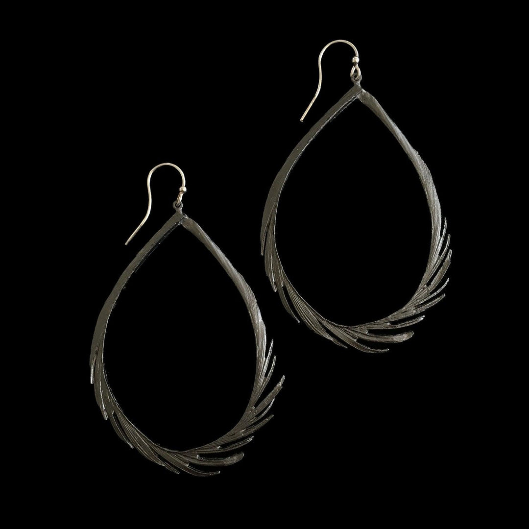 Feather Earring - Large Teardrop Wire Gunmetal - Michael Michaud Jewellery