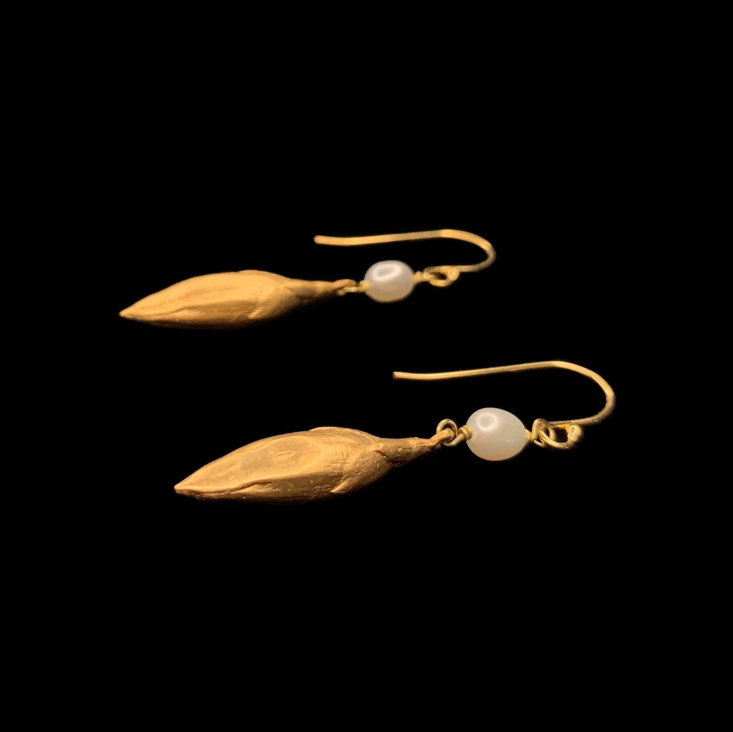 Leaf and Bud Earrings - Pearl Drop Wire - Michael Michaud Jewellery