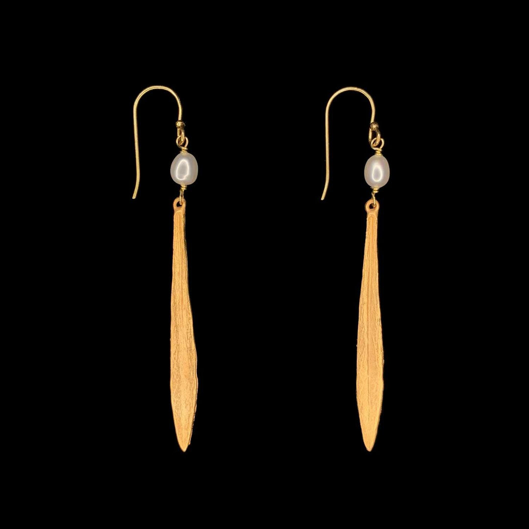 Leaf and Bud Earrings - Long Pearl Drop Wire - Michael Michaud Jewellery