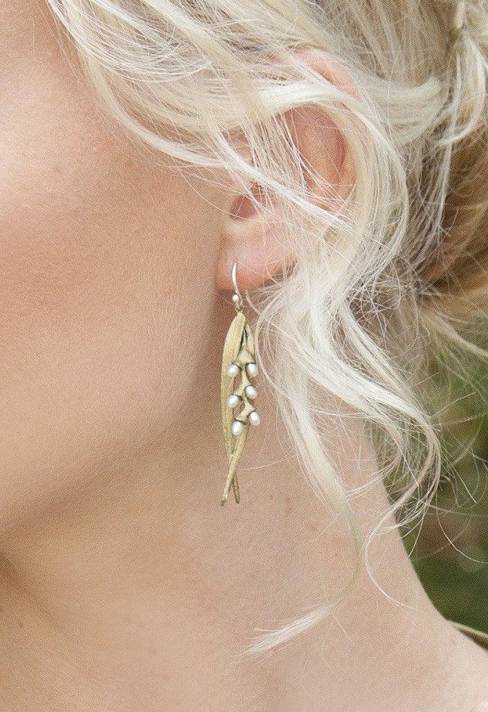 Rice Earrings - Double Leaf Pearl Wire - Michael Michaud Jewellery