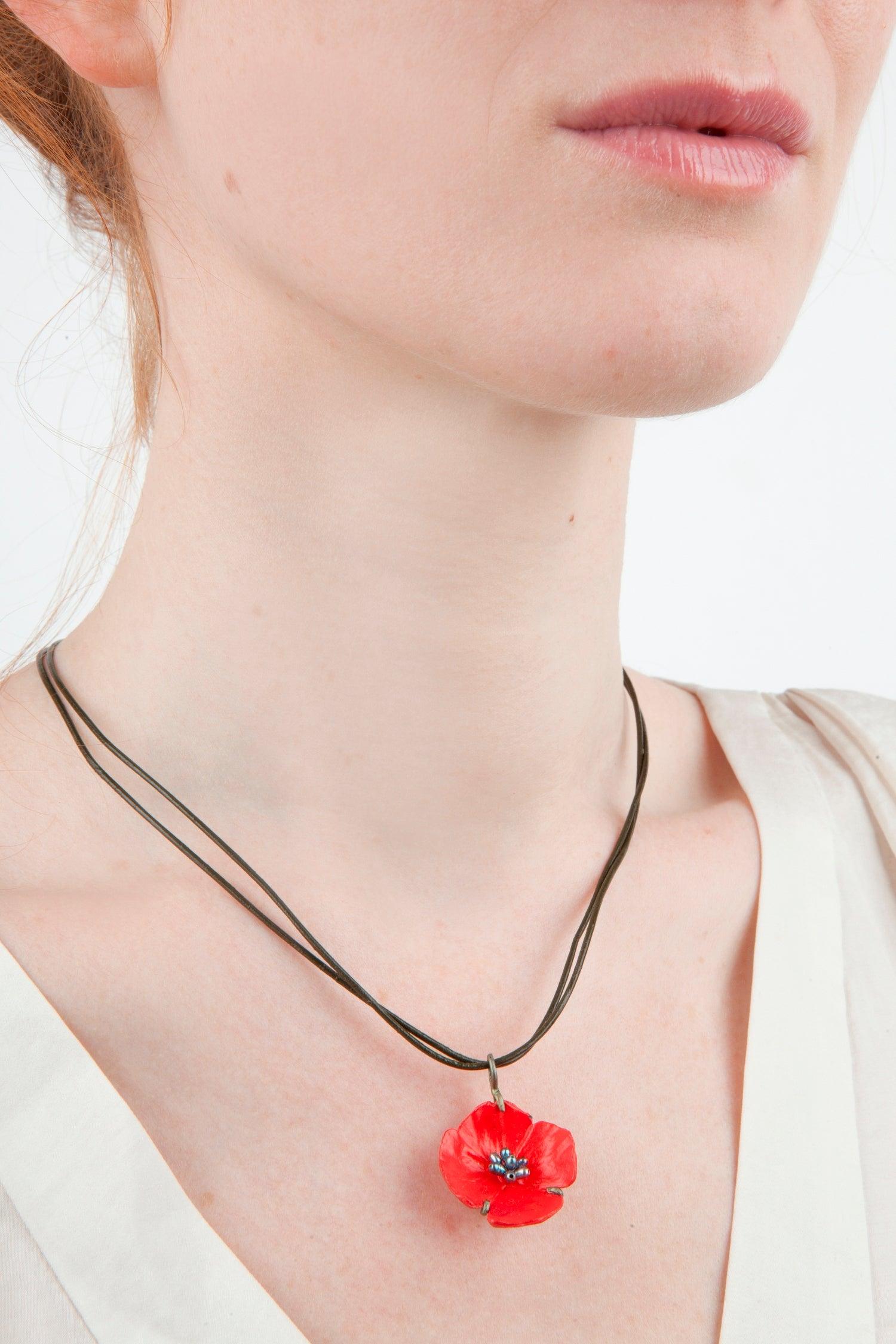 Red Poppy Pendant - Leather Cord - Michael Michaud Jewellery